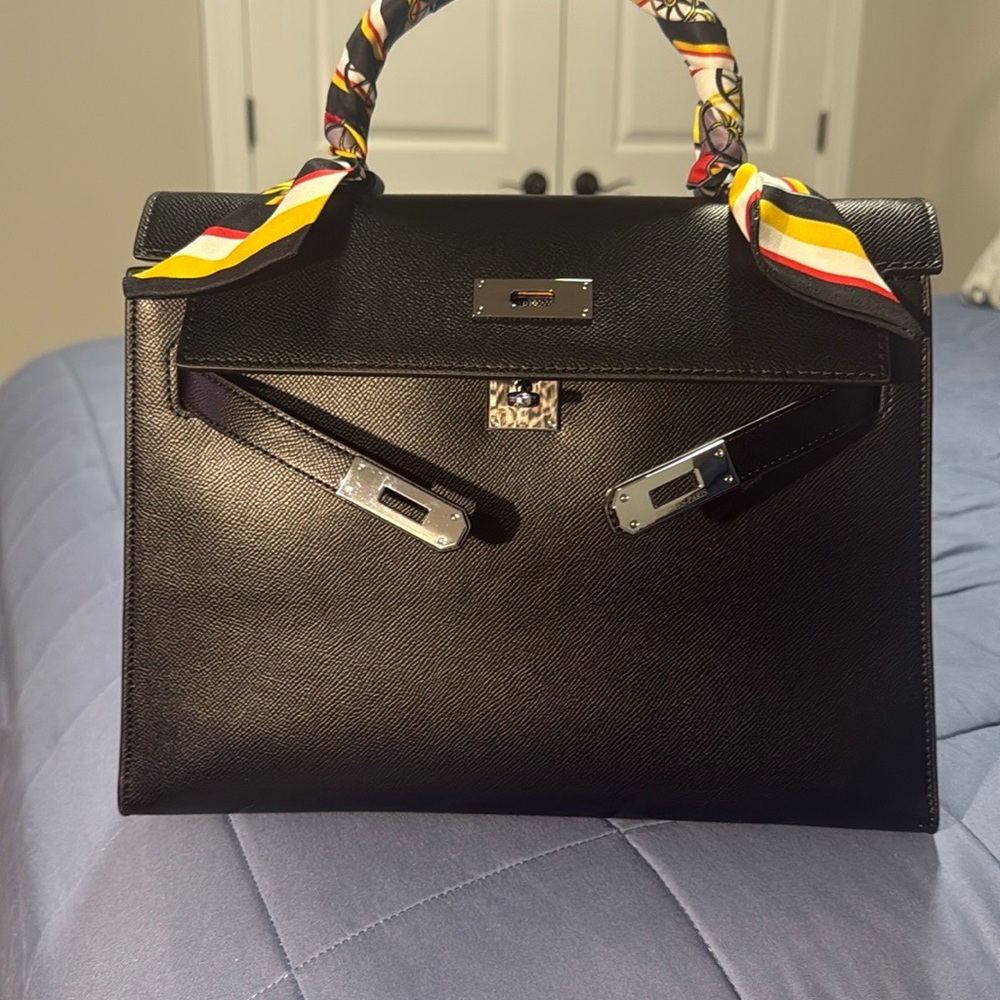 Black Structured Handbag with Colorful Scarf Accents - Picture 3 of 13